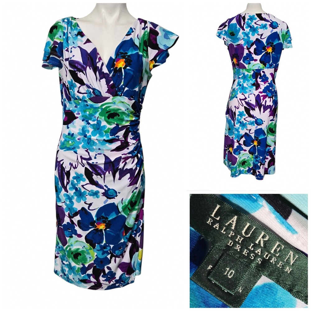 Lauren Ralph Lauren Floral V-Neck Ruched Sheath Dress Blue Purple Green Size 10